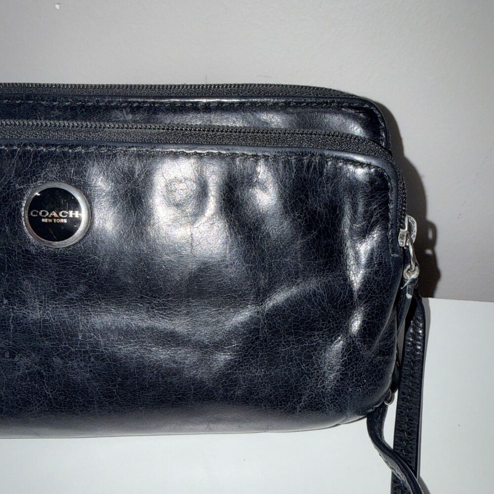 Coach Wristlet Black Leather Wallet Double Zip Striped Legacy Satin Lining 8x4 - Picture 9 of 16